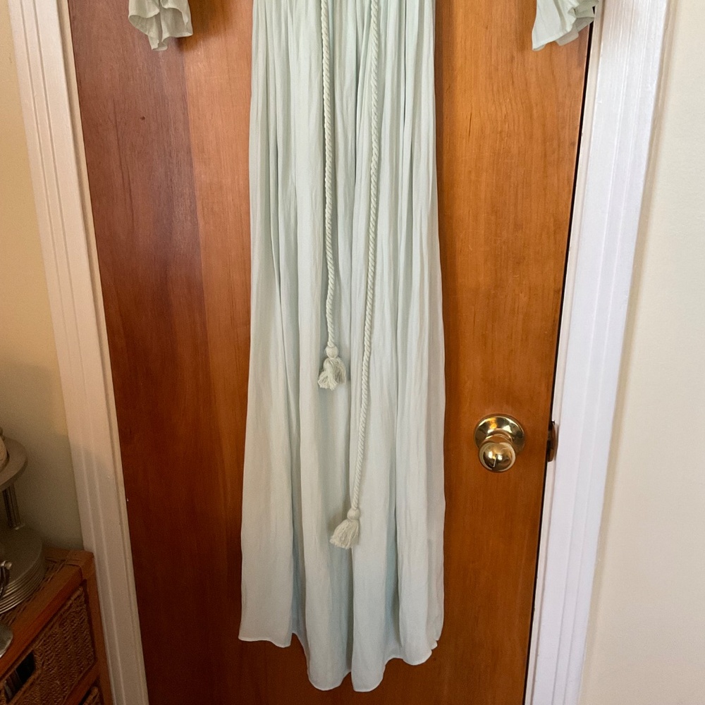 Forever 21 Long Sleeve Sheer Off The Shoulder Dress Sea Foam Green Gown Sz XS - Picture 3 of 13